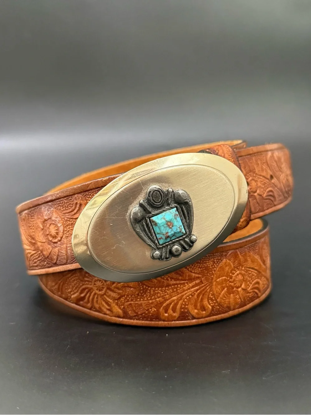 STEERHIDE Grain Bridle Brown Tooled Leather Silver Faux Turquoise Buckle Belt 36